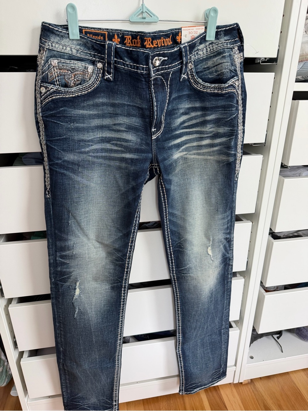 Rock Revival Women’s Faded Dark Blue Skinny Jeans with Distressed Accents